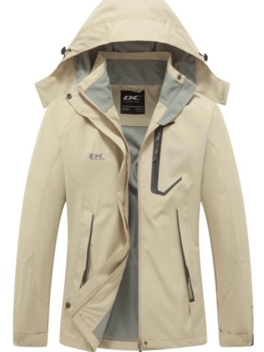 DC Women's Hooded Tan Raincoat with Contrasting Gray Trim